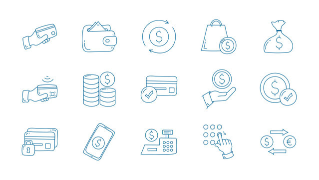 Hand drawn Payment line icon set. payment doodle icon collections. money, credit card,  exchange,  cash and transaction symbol.