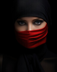Naklejka premium Blonde woman in traditional Japanese ninja clothing, black hood and red mask covering her face.
