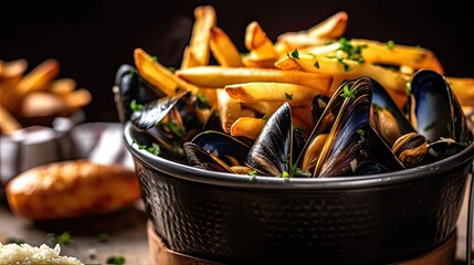 French Moules frites consists of mussels and French fried potatoes - obrazy, fototapety, plakaty