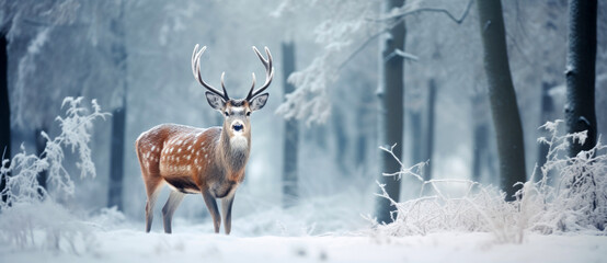 Beautiful Christmas scene with a deer in a winter snowy forest