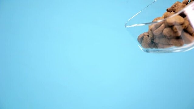 Dog tidbits shaped as love-hearts drop from a clear holder, blue setting. Signifying deep affection for canines.