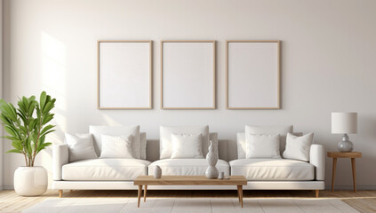 Fototapeta na wymiar Beautiful living room interior with white sofa and paintings