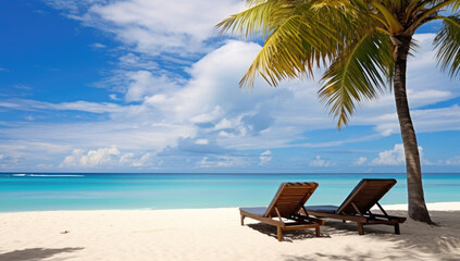 Beautiful tropical beach with palm trees and  two sun loungers . landscape for relaxing vacation