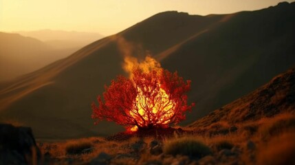 A burning bush in the desert with flames, AI-generated. - obrazy, fototapety, plakaty