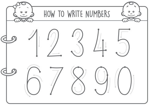 Vector black and white learning for kids, instructions on how to write numbers. Coloring pages with practice writing numbers. Picture little girl and boy. Print version.