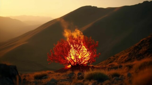 A burning bush in the desert with flames, AI-generated.