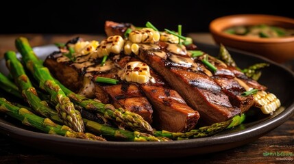 Smoked BBQ Ribs with grilled corn asparagus and mushroom