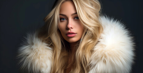 girl with long blond hair in a park with a white fur collar