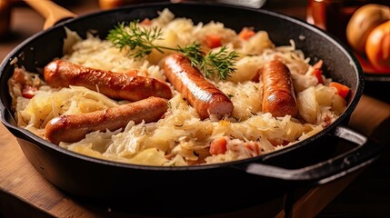 French classic Choucroute garnie with sauerkraut with sausage