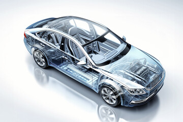 Projection of a modern car. 3D graphic visualization shows the analysis and optimization of a fully developed vehicle prototype. Modern technologies of mechanical engineering.