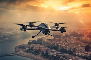 Military drone in flight observing positions. An unmanned aerial vehicle against the backdrop of a...