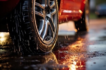Car's tires being meticulously cleaned with a powerful pressure washer, Generative AI