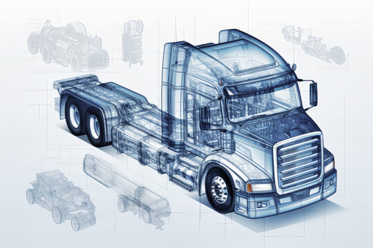 Projection of a modern truck or truck. 3D graphic visualization shows the analysis and optimization of a fully developed vehicle prototype. Modern technologies of mechanical engineering.