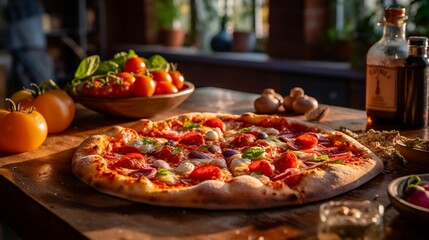 AI generated illustration of a freshly made pizza served on a wooden table