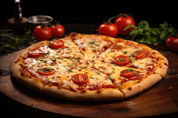 pizza with salami and tomatoes