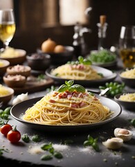 Yummy Delights in Close-up: Delicious  Spaghetti carbonara Photography. A Generative AI Digital Art.