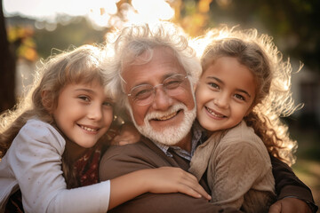Fototapeta premium Meeting of grandfather and grandchildren. An elderly man and his grandchildren are happy together. They hug and rejoice at meeting each other. Caring for the elderly. Children visit old people.