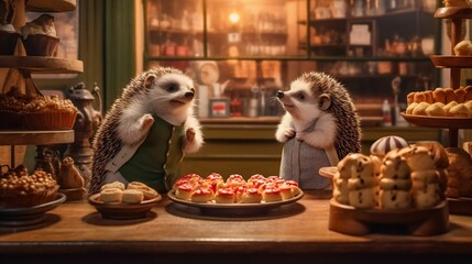 Obraz premium AI generated illustration of two small hedgehogs standing next to a dessert counter