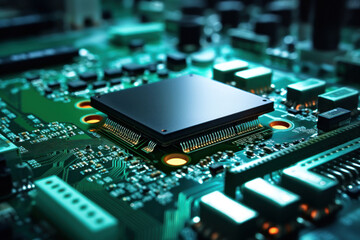 Motherboard of a computer or other electronic equipment. Close-up. Powerful multi-core processor.