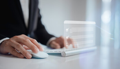 Businessman checkrist document management concept, online documentation database.
