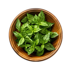 Top View of Dried Basil Leaves in a Bowl Isolated on Transparent or White Background, PNG