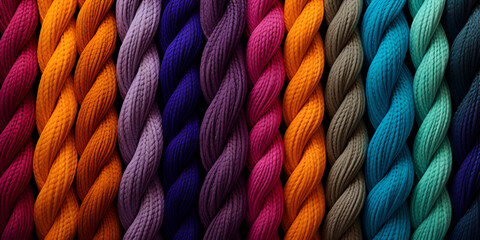 close up of colorful threads texture in line shape patterns for background. colorful ropes. colorful and interesting pattern. seamless pattern, generative AI - obrazy, fototapety, plakaty