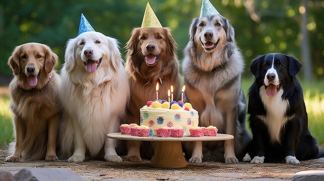 Group of happy dogs gathered around a colorful birthday cake. AI-generated.