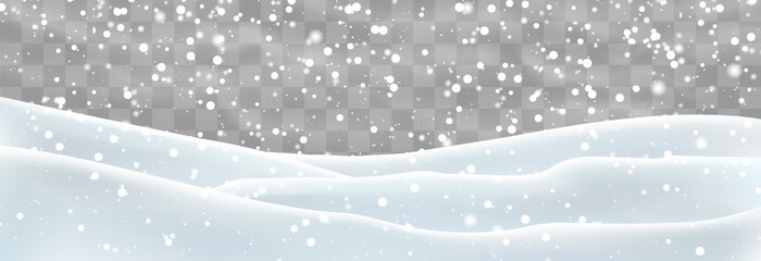 Vector heavy snowfall with snowbanks field. Snow landscape decoration, frozen hills isolated on png background. Snow flakes, snow and blizzard falling on snowdrifts. Christmas vector illustration - obrazy, fototapety, plakaty