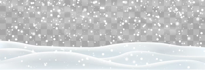 Foto op Aluminium Vector heavy snowfall with snowbanks field. Snow landscape decoration, frozen hills isolated on png background. Snow flakes, snow and blizzard falling on snowdrifts. Christmas vector illustration © Leonid