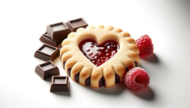 A linzer cookie with a raspberry jam center, visible through its heart-shaped cutout, paired with chunks of rich dark chocolate.
