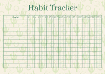 Habit tracker childish design with cacti picture. Blank printable goal setting sheet.