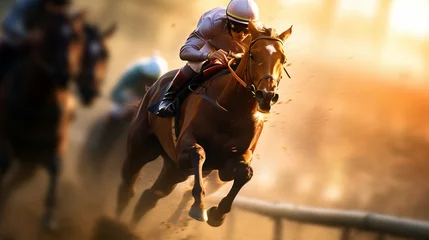 Foto auf Glas Jockey rides horse in horse racing on blurred motion sunset © BeautyStock