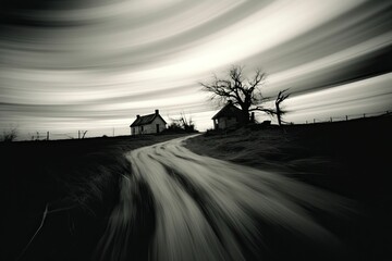 AI generated illustration of a scenic long exposure of a rural countryside house