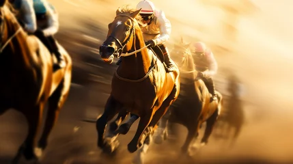 Zelfklevend Fotobehang Jockey rides horse in horse racing on blurred motion sunset © BeautyStock