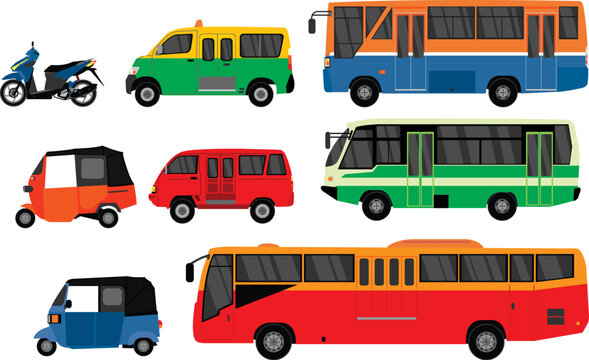 flat vector of  several types of public transportation collection in indonesia