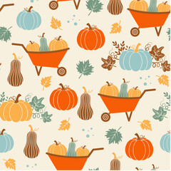 Thanksgiving seamless pattern. Colorful pumpkins on a light background. Harvest season. Happy Thanksgiving vector pattern. Fall pattern. Autumn design for fabric, paper, cover, interior decor.