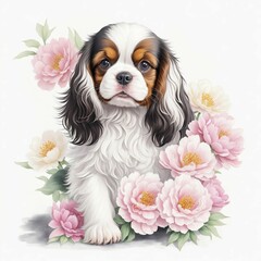 AI generated illustration of a Cavalier dog in flowers