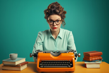 Thoughtful female writer with a typewriter ready to compose - obrazy, fototapety, plakaty
