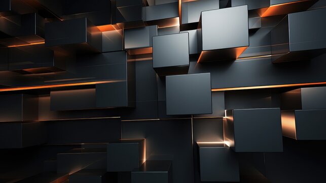Abstract background made of intersecting rectangles, parallelepipeds, cubes and other geometric shapes with light silver, orange and dark gray lines