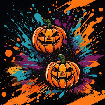 AI generated illustration of pumpkins on a bold black background with vibrant paint splatters