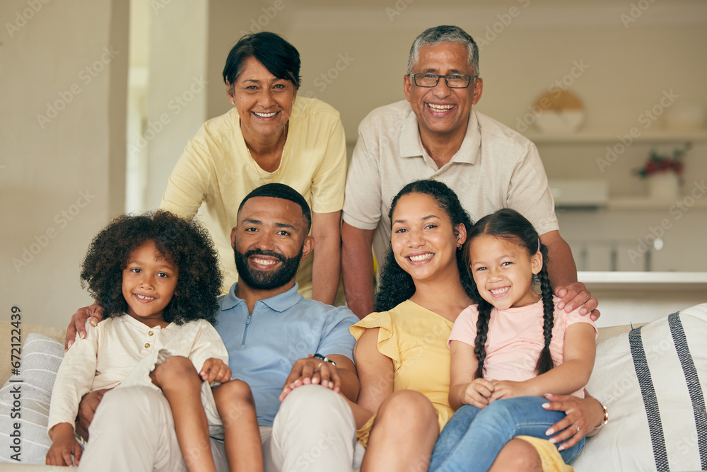 Sticker Parents, kids and portrait of big family in home for love, care and quality time together. Mother, father and grandparents relax with young children in living room for support, smile and generations