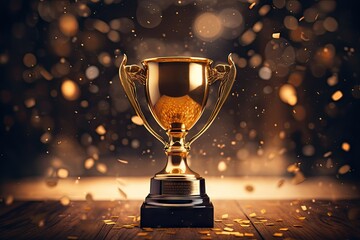 Glittering success. Capturing elegance of victory and prestige in championship ceremonies. Champion moment. Celebrating triumph and excellence with glowing trophies and medals