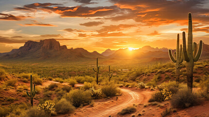 Sunset view of the Arizona desert with Saguaro