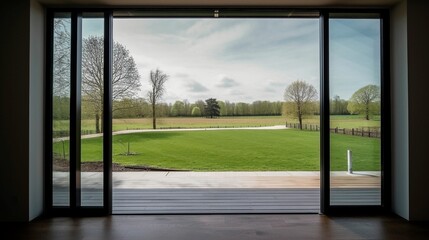 AI generated illustration of beautiful sliding glass doors providing a stunning view of a lush field