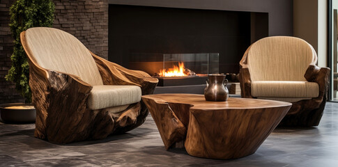 Fototapeta na wymiar Elegant unique lounge chair and rustic wooden log coffee table
