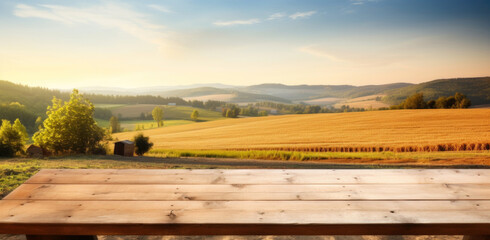 Empty wooden table top with farm landscape