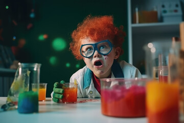 Funny little boy doing experiments, AI generated
