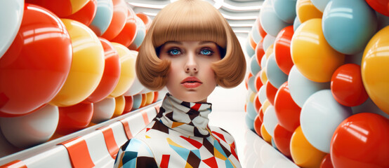 Fashion retro futuristic girl on background with future extravagant or pop art 3D wallpaper