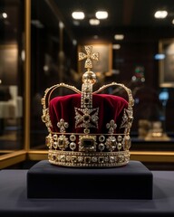 AI generated illustration of An ornate gold crown sitting on display in a museum