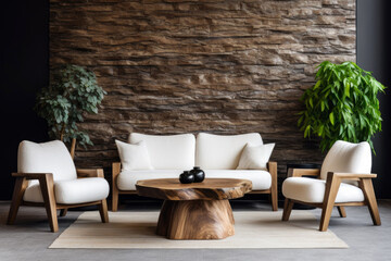 Obraz na płótnie Canvas white armchairs next to a coffee table made of natural wood against a stone wall. Minimalist home interior design for modern living room